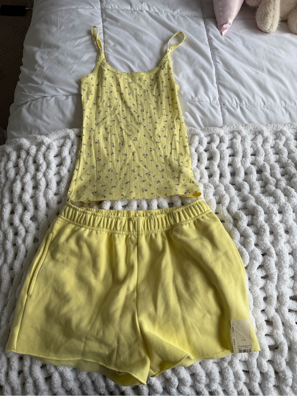 Yellow Floral Ribbed Cami & Matching Yellow Shorts Set